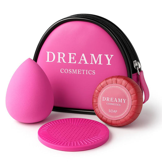 DREAMY 4-in-1 Makeup Sponge Set with Soap, Silicone Cleaner & Storage Bag – Pink or Black