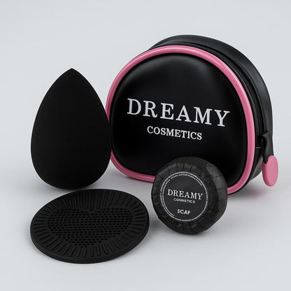 DREAMY 4-in-1 Makeup Sponge Set with Soap, Silicone Cleaner & Storage Bag – Pink or Black